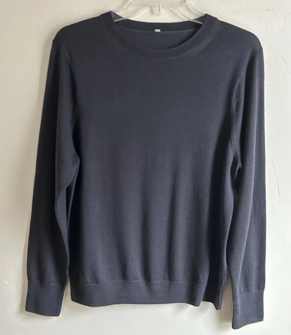 Mens 100% Wool Sweater L Dark Gray Crew Neck Lightweight Pullover Knit